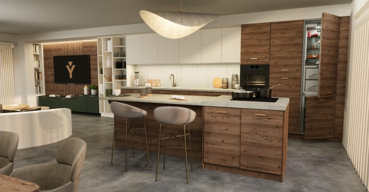 Cuisine moderne avec meubles en bois, îlot central et éclairage suspendu.